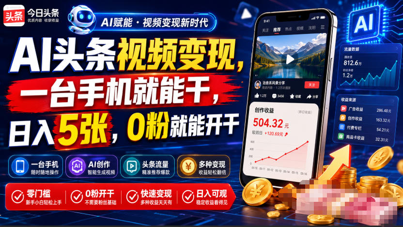 AI头条视频变现，一台手机就能干，日入5张，0粉就能开干-鑫梵淘