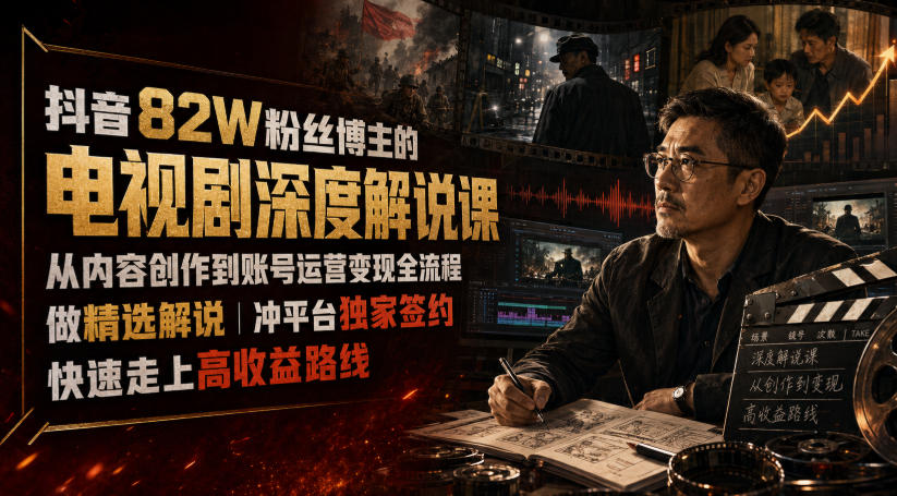 抖音82W粉丝博主的电视剧深度解说课，从内容创作到账号运营变现全流程，做精选解说，冲平台独家签约，快速走上高收益路线-鑫梵淘