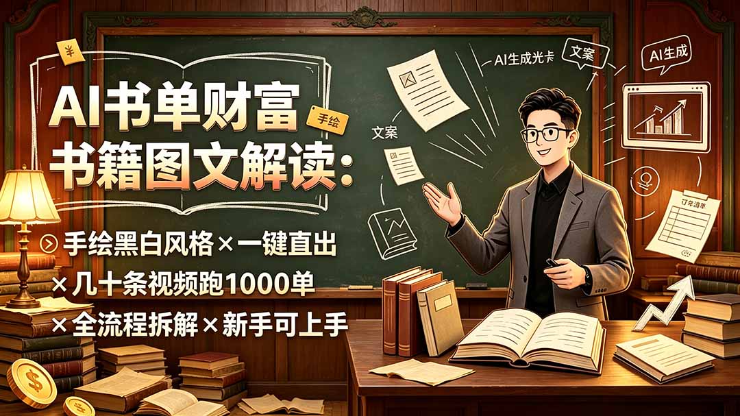 AI书单财富书籍图文解读：手绘黑白风格×一键直出×几十条视频跑1000单×全流程拆解×新手可上手-鑫梵淘