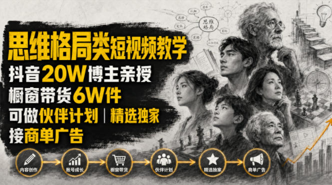 人性思维格局类短视频教学，抖音20W博主亲授，橱窗带货6W件，可做伙伴计划、精选独家、接商单广告-鑫梵淘
