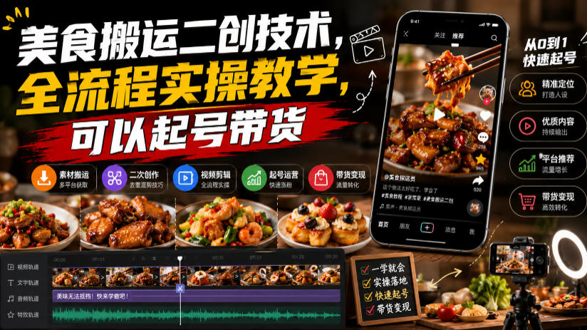 美食搬运二创技术，全流程实操教学，可以起号带货-鑫梵淘