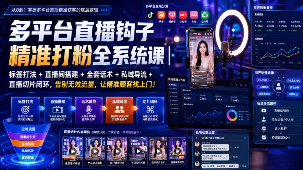 多平台直播钩子精准打粉全系统课｜标签打法+直播间搭建+全套话术+私域导流+直播切片闭环，告别无效流量，让精准顾客找上门！-鑫梵淘