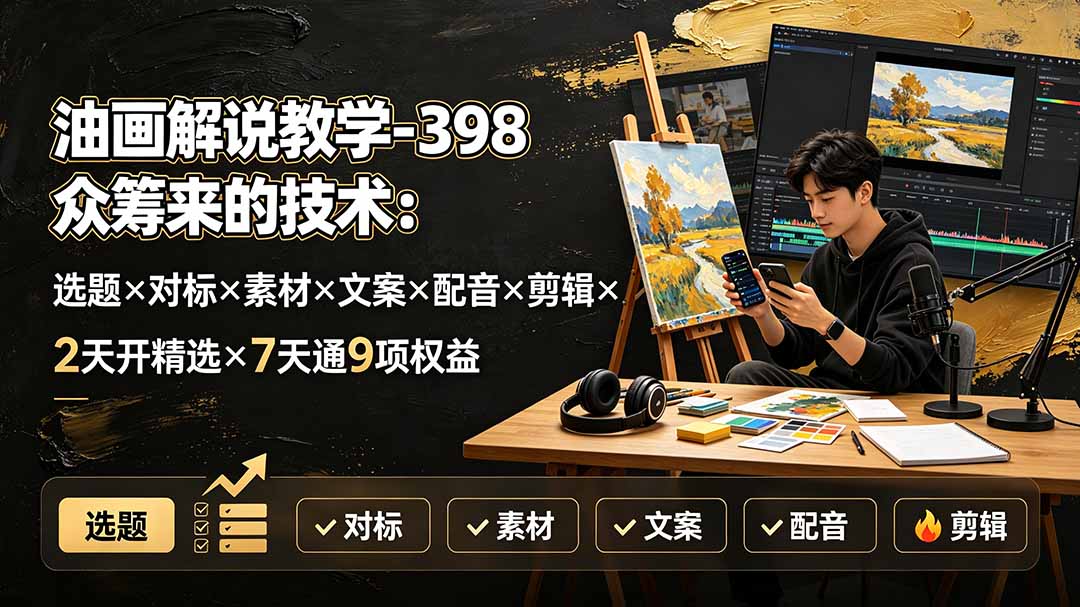 油画解说教学-398众筹来的技术：选题×对标×素材×文案×配音×剪辑×2天开精选×7天通9项权益-鑫梵淘