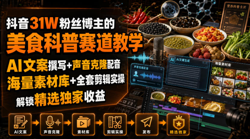 抖音31W粉丝博主的美食科普赛道教学，AI文案撰写+声音克隆配音+剪辑实操，解锁精选独家收益-鑫梵淘