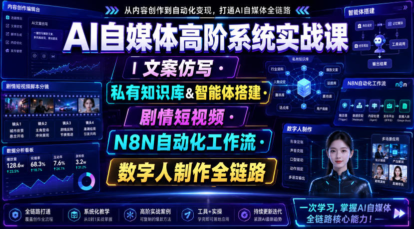 AI自媒体高阶系统实战课｜文案仿写・私有知识库&智能体搭建・剧情短视频・N8N自动化工作流・数字人制作全链路-鑫梵淘