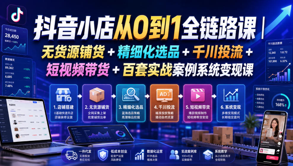 抖音小店从0到1全链路课｜无货源铺货+精细化选品+千川投流+短视频带货+百套实战案例系统变现课(2026年7月更新)-鑫梵淘