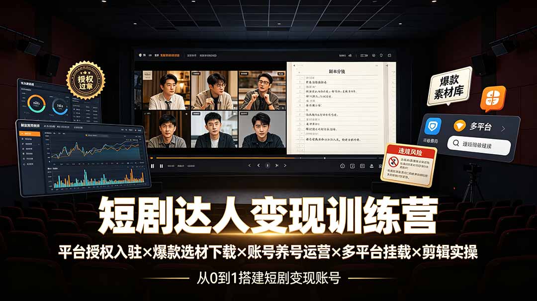 短剧达人变现训练营：平台授权入驻×爆款选材下载×账号养号运营×多平台挂载×剪辑实操×违规处理全流程-鑫梵淘