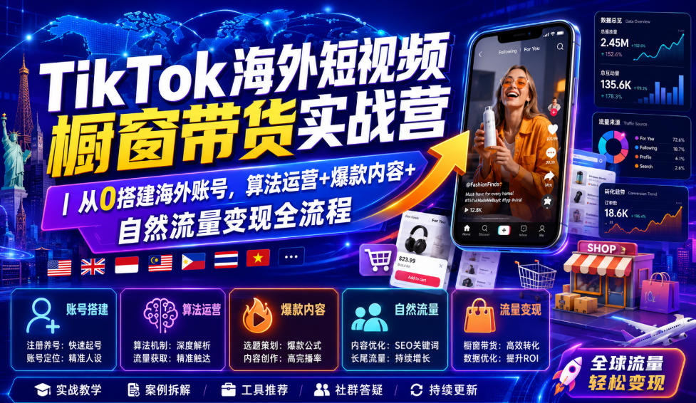 TikTok海外短视频橱窗带货实战营｜从0搭建海外账号，算法运营+爆款内容+自然流量变现全流程-鑫梵淘
