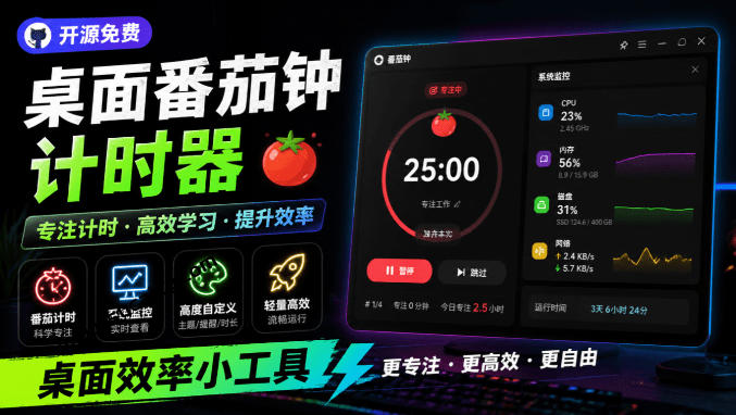 仅1.16MB，开源极简的桌面时钟、番茄钟计时器，还支持系统监控显示，桌面效率小工具Catime-鑫梵淘