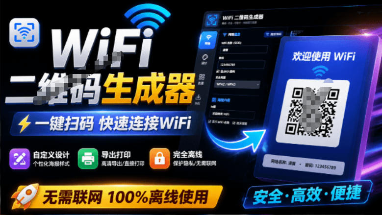 完全离线使用！WiFi二维码生成器，一键扫码快速连接WiFi，支持自定义风格导出WiFi二维码生成器-鑫梵淘