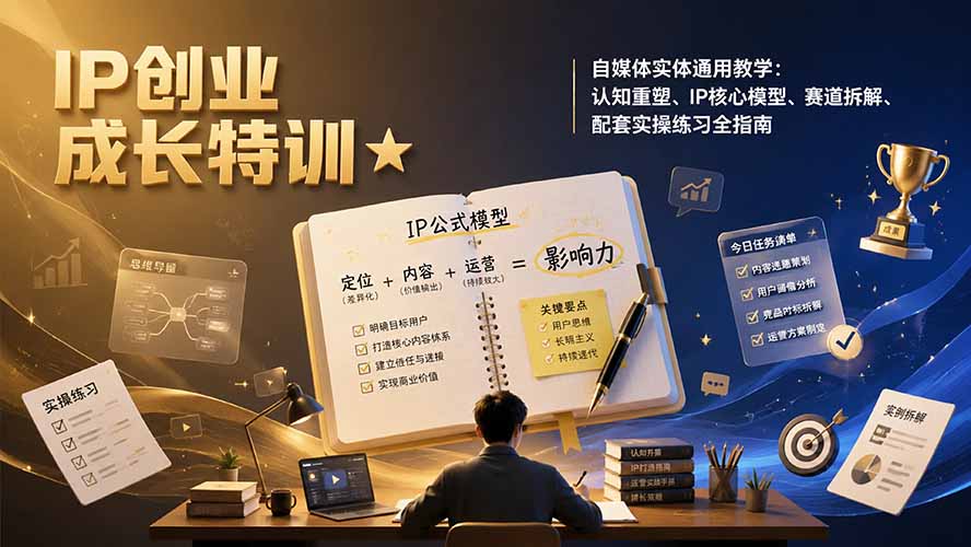 IP创业成长特训★自媒体实体通用教学：认知重塑、IP核心模型、赛道拆解、配套实操练习全指南-鑫梵淘