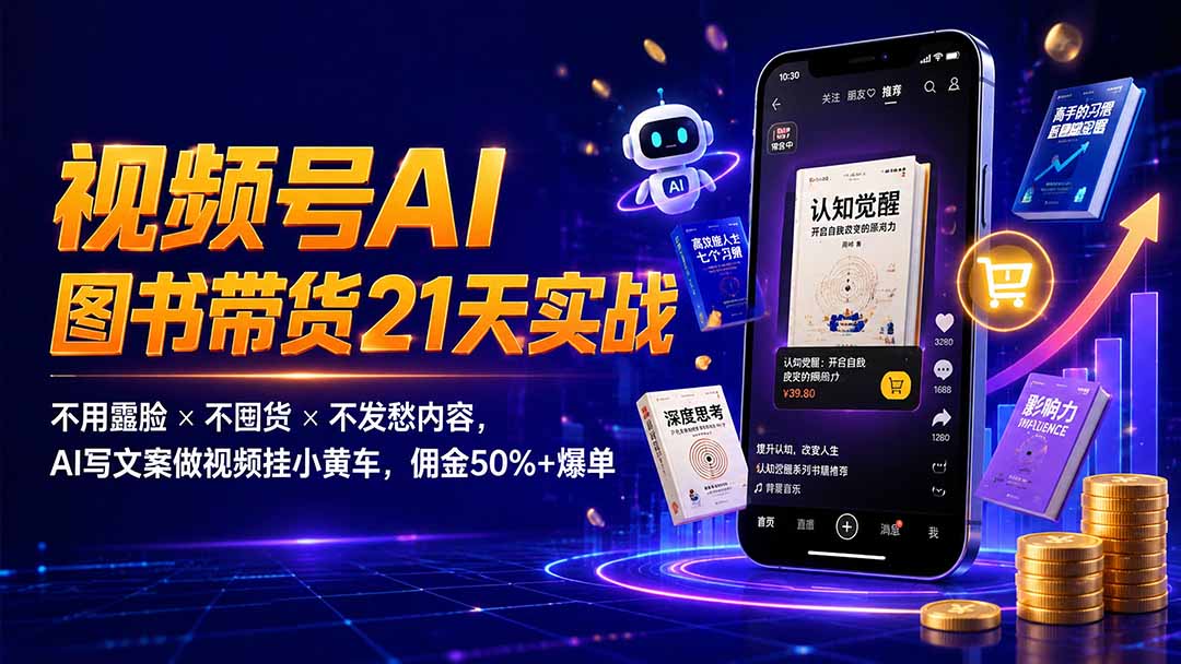 繁花视频号AI图书带货21天实战：不用露脸×不囤货×不发愁内容，AI写文案做视频挂小黄车，佣金50%+爆单-鑫梵淘