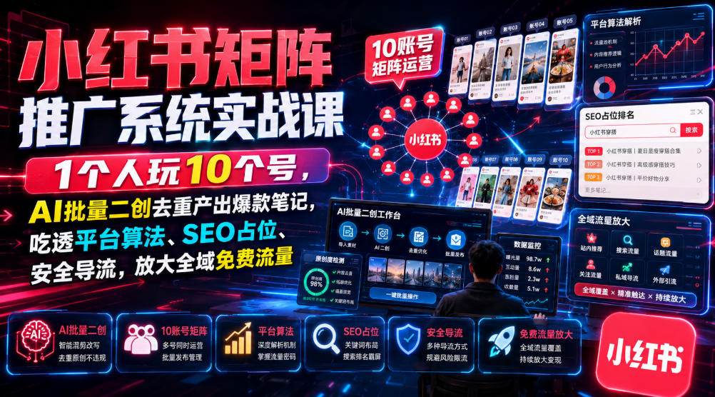 小红书矩阵推广系统实战课｜1个人玩10个号，AI批量二创去重产出爆款笔记，吃透平台算法、SEO占位、安全导流，放大全域免费流量-鑫梵淘