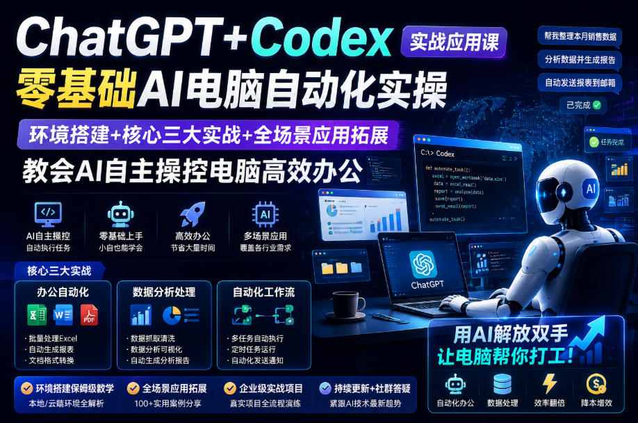 ChatGPT+Codex实战应用课｜零基础AI电脑自动化实操，环境搭建+核心三大实战+全场景应用拓展，教会AI自主操控电脑高效办公-鑫梵淘