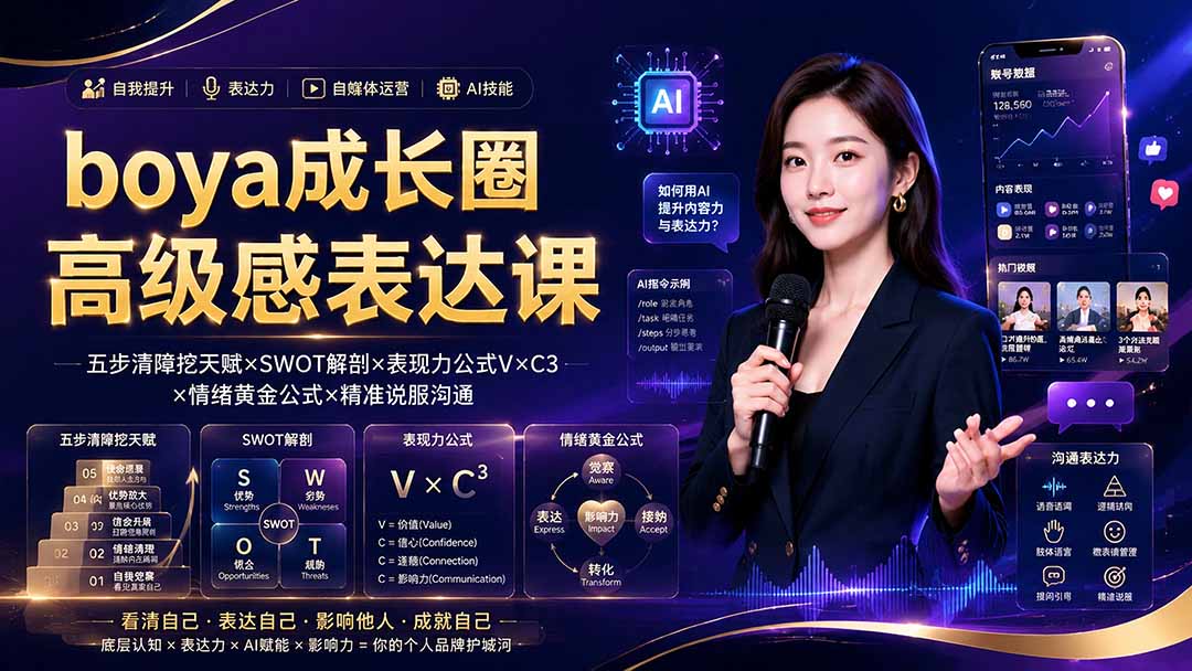 boya成长圈｜内心成长高级表达AI自媒体三合一，消解内耗挖掘天赋，镜头沟通AI指令短视频全流程教学-鑫梵淘