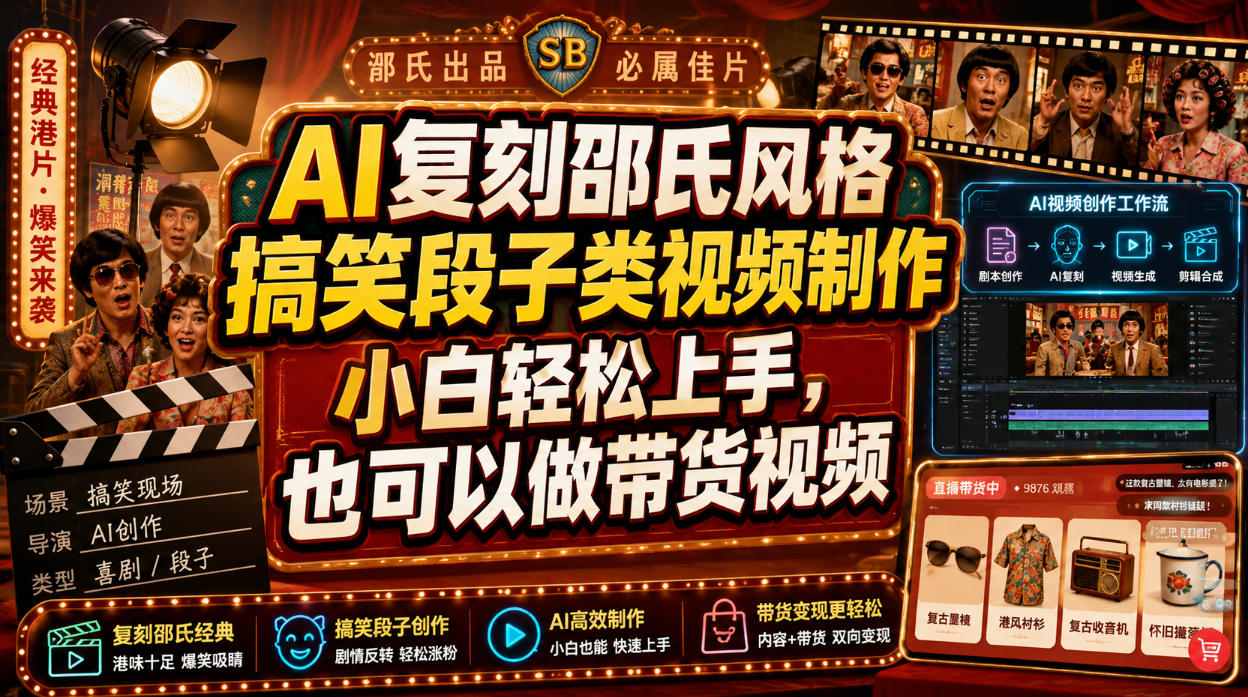 AI复刻邵氏风格搞笑段子类视频制作，小白轻松上手，也可以做带货视频-鑫梵淘