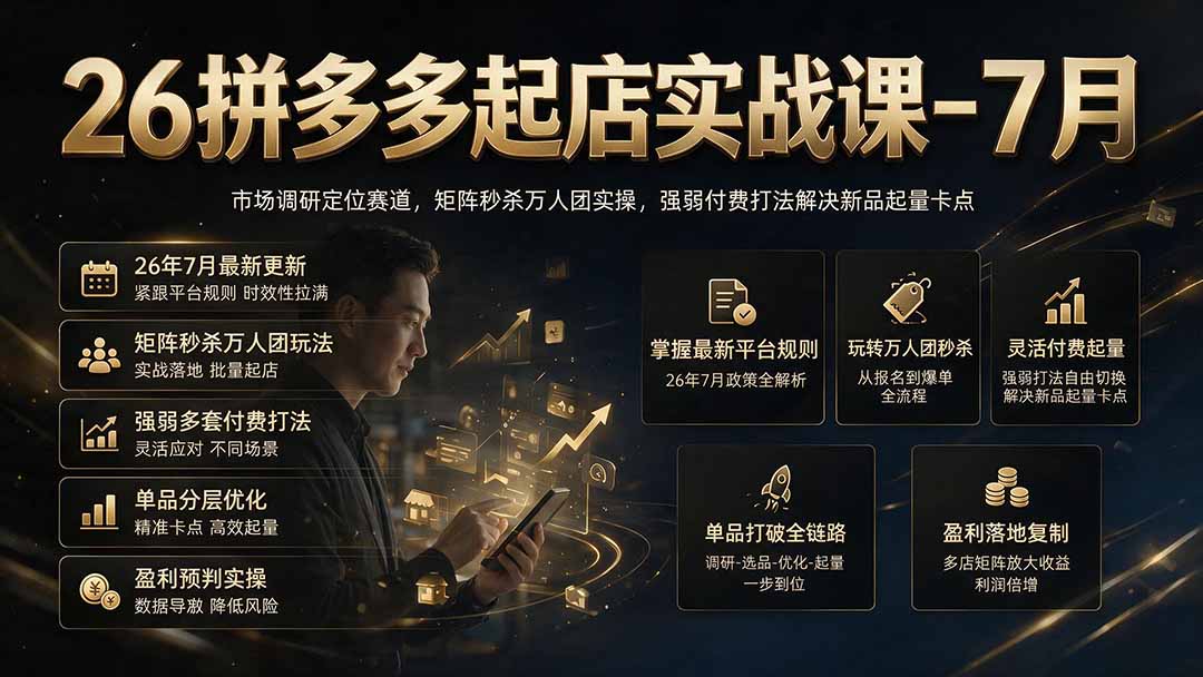 26拼多多起店实战课-7月｜市场调研定位赛道，矩阵秒杀万人团实操，强弱付费打法解决新品起量卡点-鑫梵淘