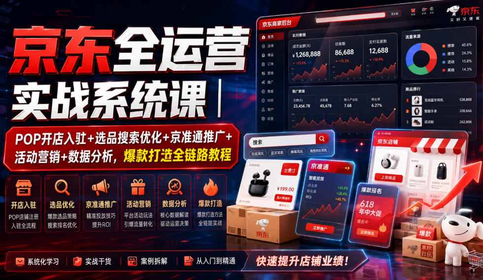 京东全运营实战系统课｜POP开店入驻+选品搜索优化+京准通推广+活动营销+数据分析，爆款打造全链路教程-鑫梵淘