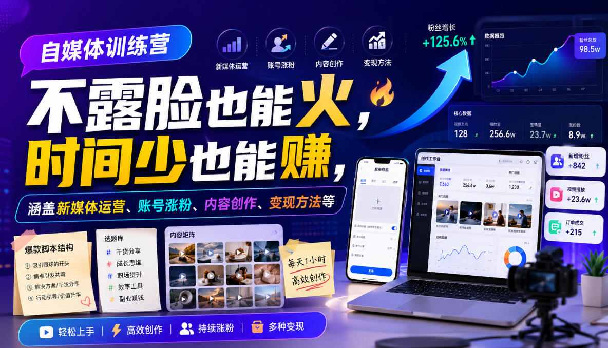 自媒体训练营，不露脸也能火，时间少也能賺，涵盖新媒体运营、账号涨粉、内容创作、变现方法等-鑫梵淘