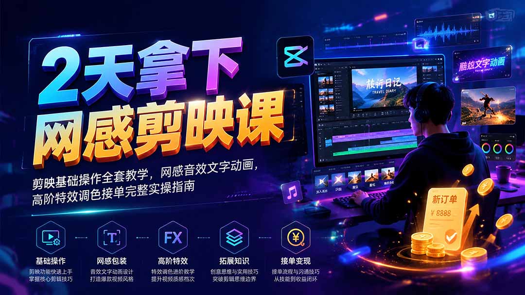 2天拿下网感剪辑课｜剪映基础操作全套教学，网感音效文字动画，高阶特效调色接单完整实操指南-鑫梵淘