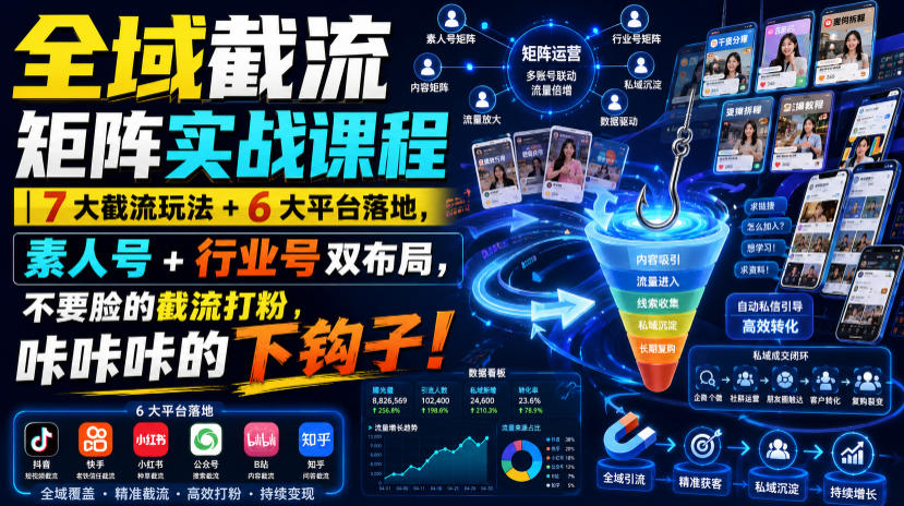 全域截流矩阵实战课程｜7大截流玩法+6大平台落地，素人号+行业号双布局，不要脸的截流打粉，咔咔咔的下钩子！-鑫梵淘