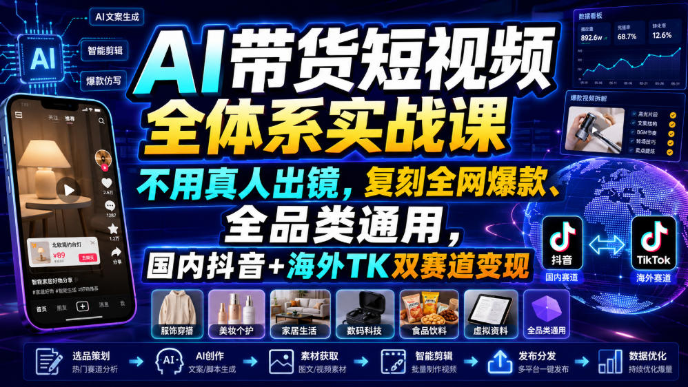 AI带货短视频全体系实战课，不用真人出镜，复刻全网爆款、全品类通用，国内抖音+海外TK双赛道变现-鑫梵淘