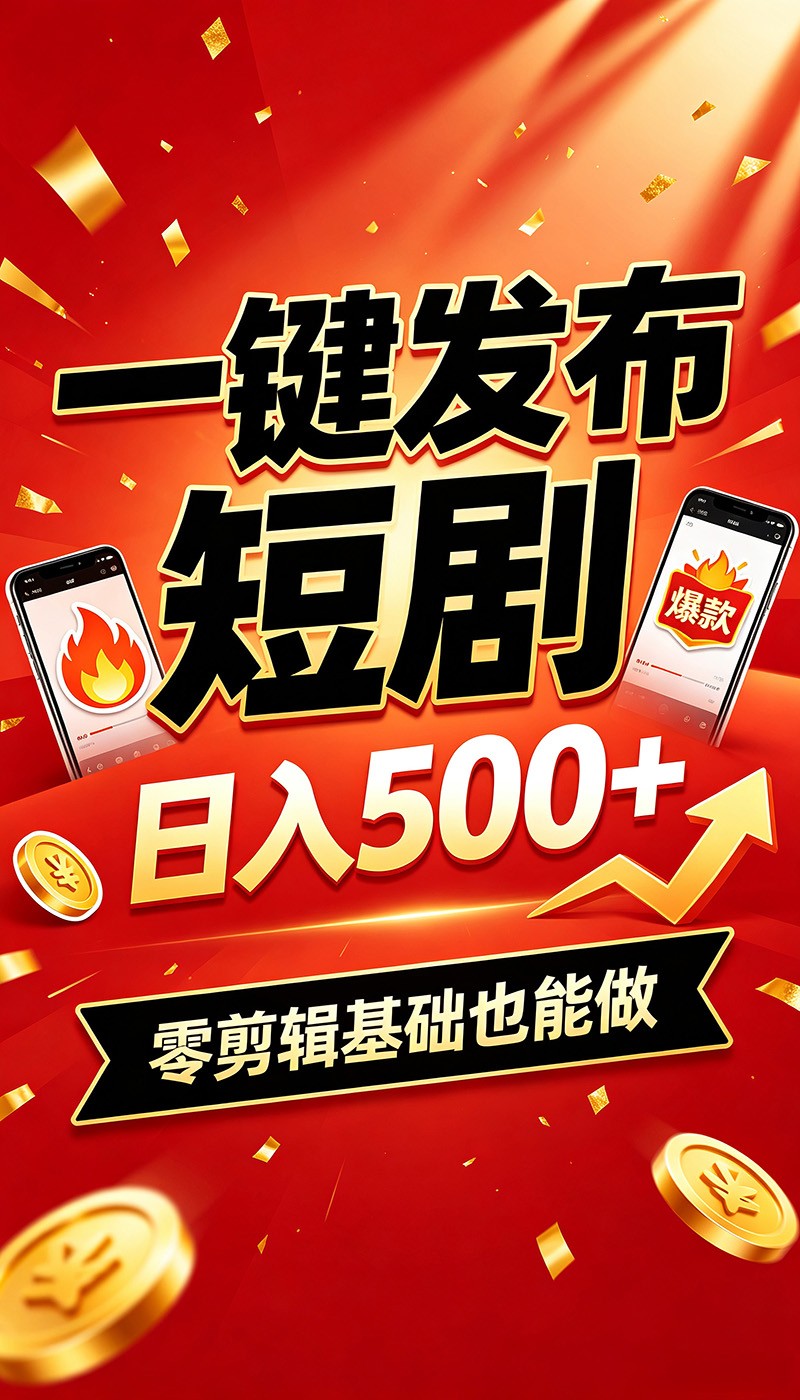 快手短剧一键发布，不用剪辑操作简单，副业日入500+。空闲时间轻松赚收益-鑫梵淘