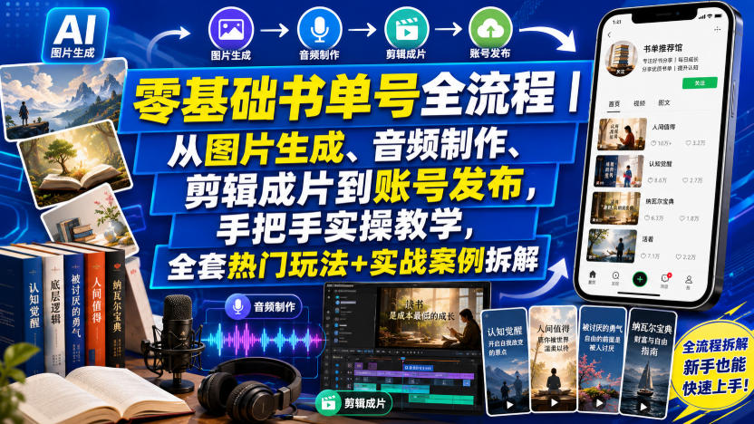 零基础书单号全流程｜从图片生成、音频制作、剪辑成片到账号发布，手把手实操教学，全套热门玩法+实战案例拆解-鑫梵淘