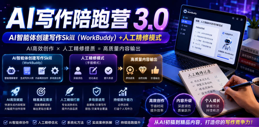 AI写作陪跑营3.0，Ai智能体创建写作skill(workbuddy)+人工手写模式(手搓模式)，去除AI痕迹(头条号、公众号、百家号)(更新0730)-鑫梵淘