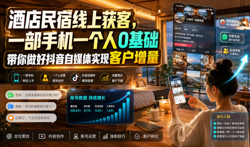 酒店民宿线上获客，一部手机一个人0基础带你做好抖音自媒体实现客户增量-鑫梵淘