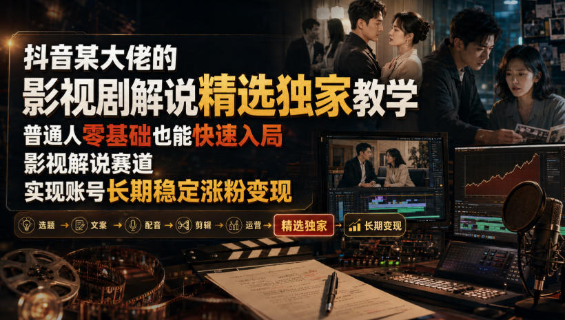 抖音某大佬的影视剧解说精选独家教学，普通人零基础也能快速入局影视解说赛道，实现账号长期稳定变现-鑫梵淘