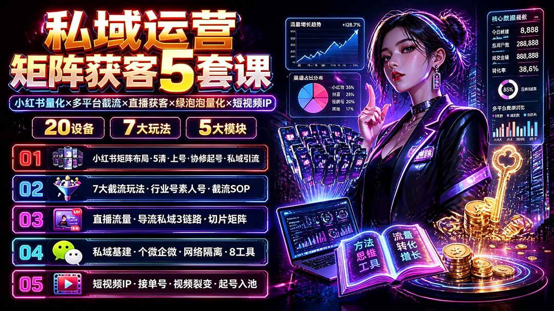 私域运营矩阵获客5套课：小红书量化×多平台截流×直播获客×绿泡泡量化×短视频IP×20设备×7大玩法-鑫梵淘