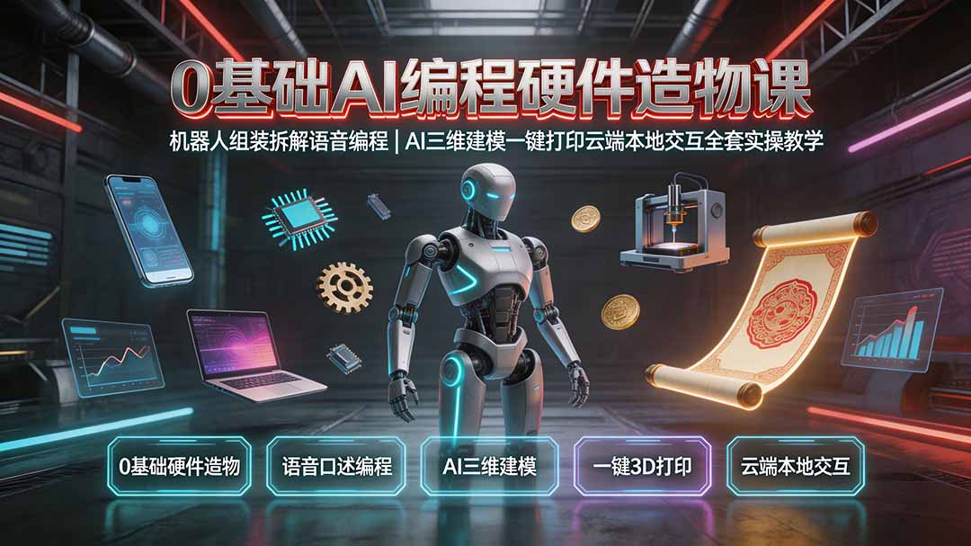 0基础AI编程硬件造物课｜机器人组装拆解语音编程，AI三维建模一键打印云端本地交互全套实操教学-鑫梵淘