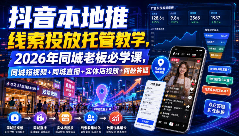 抖音本地推线索投放托管教学，2026年同城老板必学课，同城短视频+同城直播+实体店投放+问题答疑-鑫梵淘