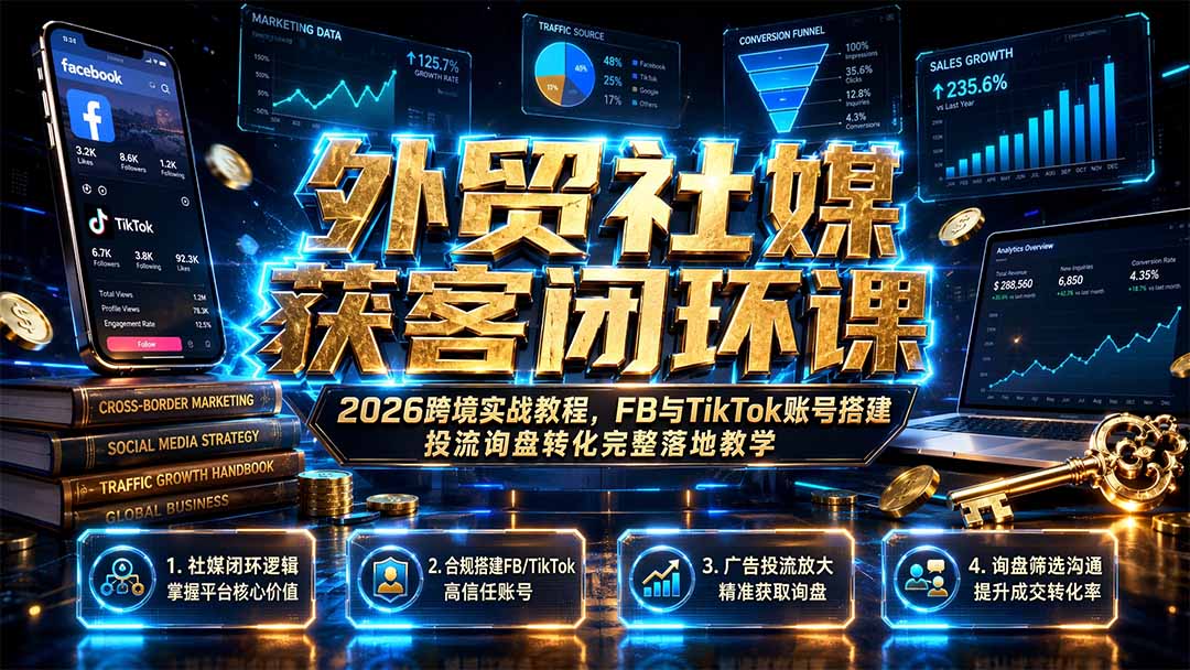 外贸社媒获客闭环课｜2026跨境实战教程，FB与TikTok账号搭建投流询盘转化完整落地教学-鑫梵淘