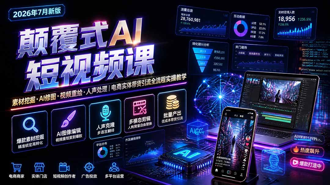 颠覆式AI短视频课｜素材挖掘，AI修图，视频重绘，人声处理｜电商实体带货引流全流程实操教学-鑫梵淘