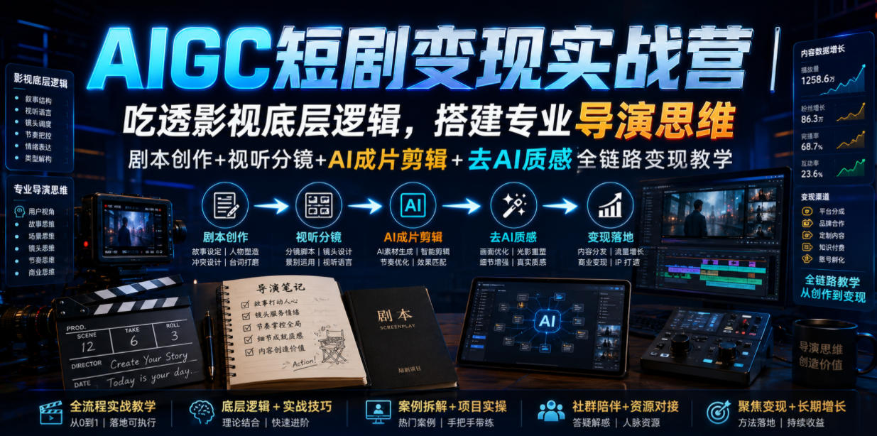 AIGC短剧变现实战营｜吃透影视底层逻辑，搭建专业导演思维，剧本创作+视听分镜+AI成片剪辑+去AI质感全链路变现教学-鑫梵淘