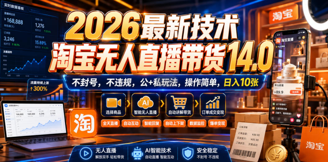 2026最新技术，淘宝无人直播带货14.0，不封号，不违规，公+私玩法，操作简单，日入10张【揭秘】-鑫梵淘