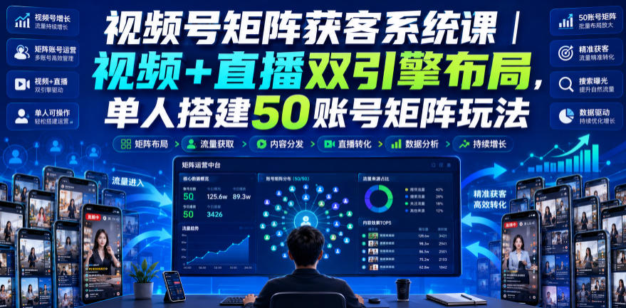 视频号矩阵获客系统课｜视频+直播双引擎布局，单人搭建50账号矩阵玩法，流量入池、搜索占位、全域引流沉淀私域全流程教学-鑫梵淘