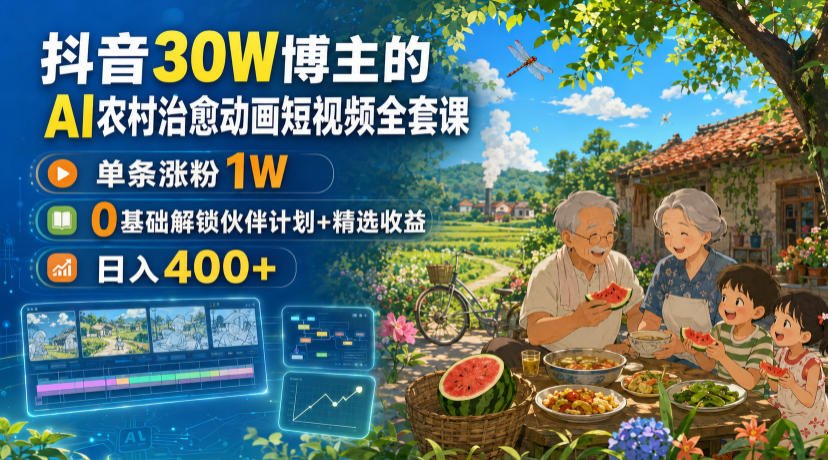 抖音30W博主的AI农村治愈动画短视频全套课｜单条涨粉1W，0基础解锁伙伴计划+精选收益，日入400+-鑫梵淘