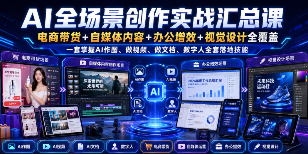 AI全场景创作实战汇总课｜电商带货+自媒体内容+办公增效+视觉设计全覆盖，一套掌握AI作图、做视频、做文档、数字人全套落地技能-鑫梵淘