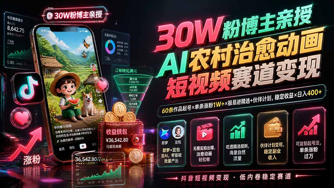 30W粉博主亲授AI农村治愈动画短视频赛道变现：60条作品起号×单条涨粉1W+×极易进精选+伙伴计划，稳定收益×日入400+-鑫梵淘