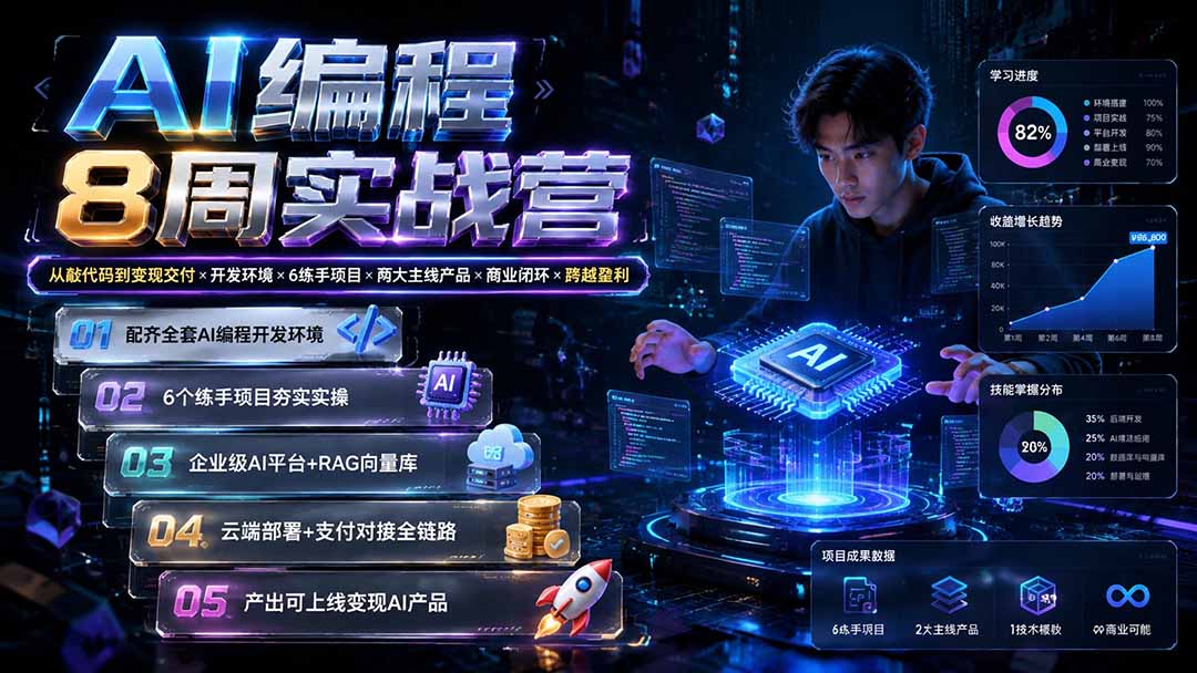 AI编程8周实战营：从敲代码到变现交付×开发环境×6练手项目×两大主线产品×商业闭环×跨越盈利-鑫梵淘