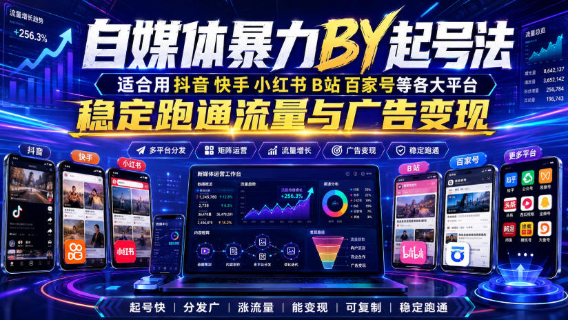 自媒体暴力搬运起号法，适合用抖音快手小红书B站百家号等各大平台，稳定跑通流量与广告变现-鑫梵淘
