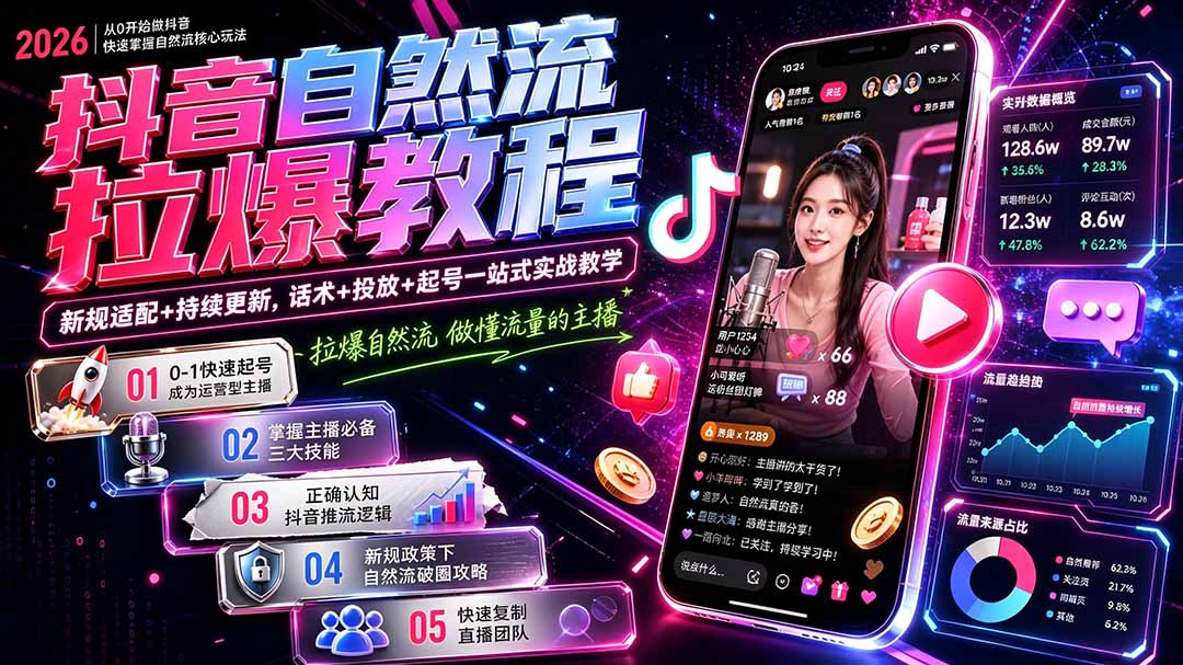抖音自然流拉爆教程-更新7月：做懂流量的主播，新规适配+持续更新，话术+投放+起号一站式实战教学-鑫梵淘