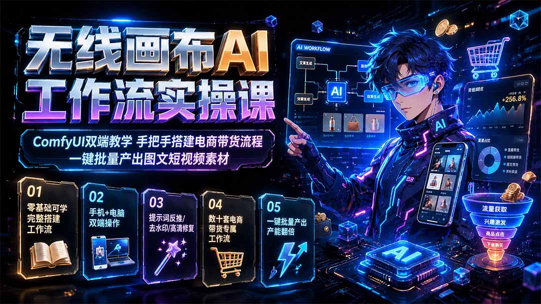 无线画布AI工作流实操课｜ComfyUI双端教学，手把手搭建电商带货流程，一键批量产出图文短视频素材-鑫梵淘