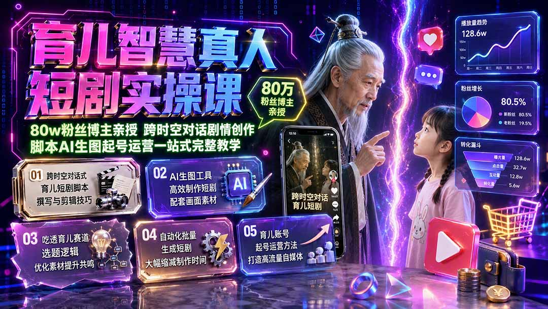 育儿智慧真人短剧实操课｜80w粉丝博主亲授，跨时空对话剧情创作，脚本AI生图起号运营一站式完整教学-鑫梵淘