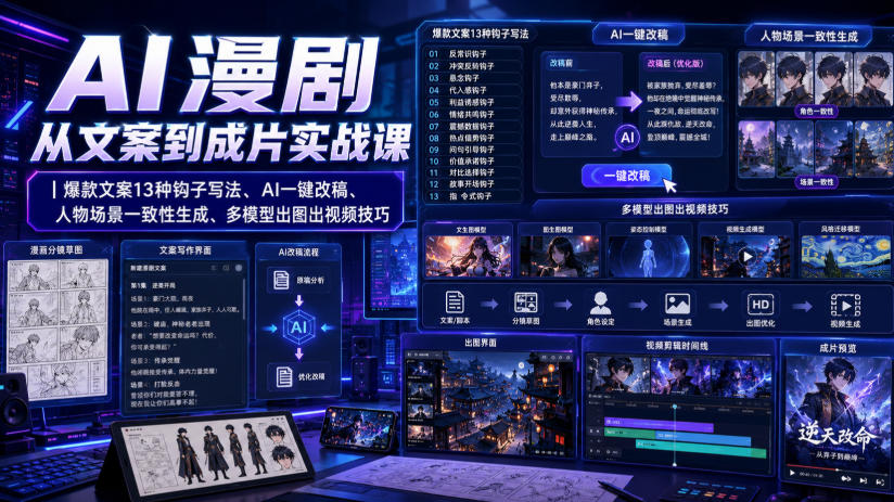 AI漫剧从文案到成片实战课｜爆款文案13种钩子写法、AI一键改稿、人物场景一致性生成、多模型出图出视频技巧-鑫梵淘