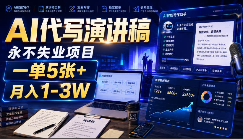 AI代写演讲稿，永不失业项目，一单5张+，月入1-3W【揭秘】-鑫梵淘