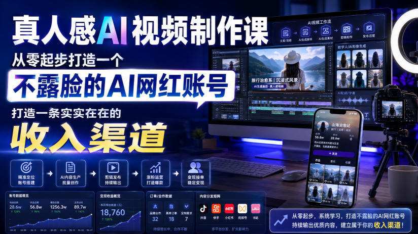 真人感AI视频制作课，从零起步打造一个不露脸的AI网红账号，打造一条实实在在的收入渠道【原创双语字幕】-鑫梵淘